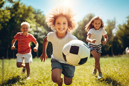 kids playing football and looking at the camera at the sports field on a sunny day