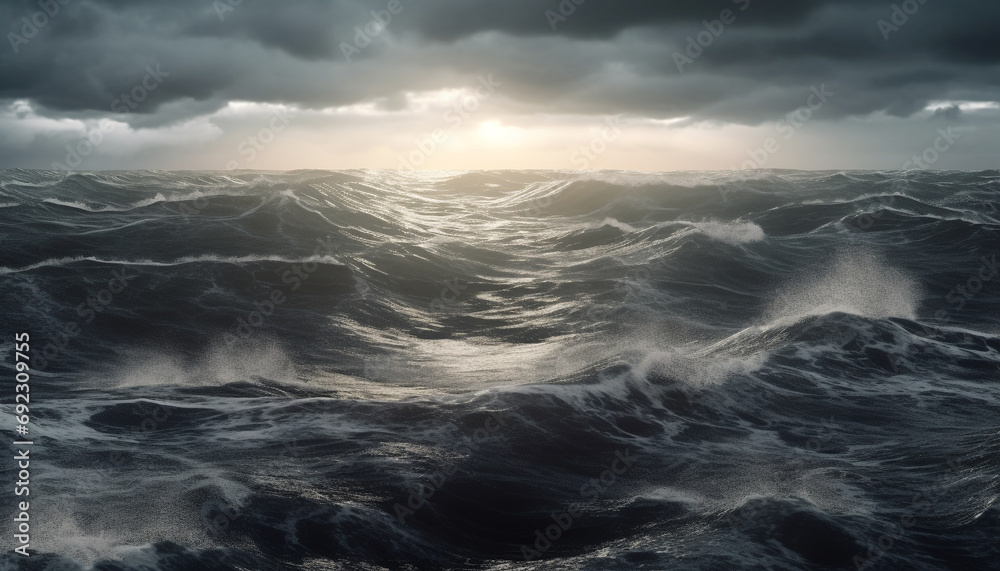 Breaking waves crash against dark coastline, a dramatic seascape awe inspiring generated by AI Breaking waves crash against dark coastline, a dramatic seascape awe inspiring generated by AI