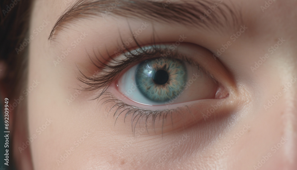Caucasian woman green iris staring at camera in close up portrait generated by AI Caucasian woman green iris staring at camera in close up portrait generated by AI