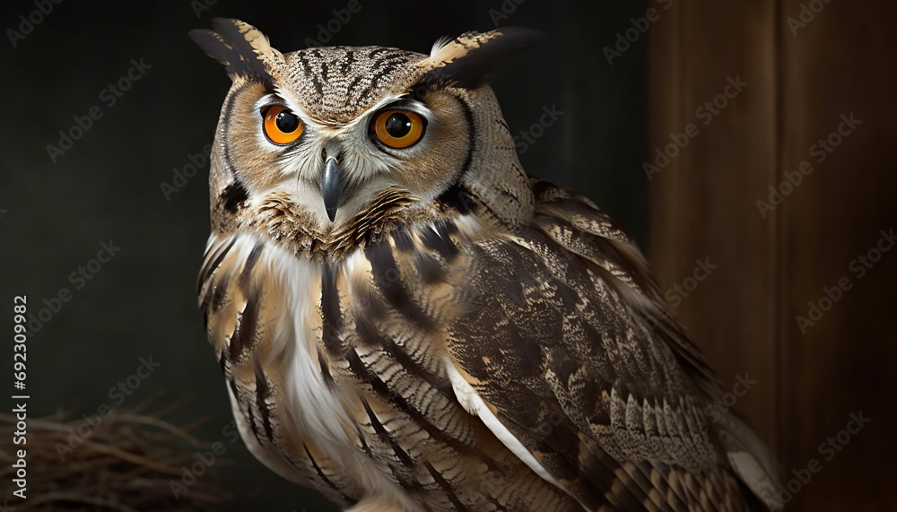 Obraz premium Great horned owl perching on branch, staring with piercing eye generated by AI