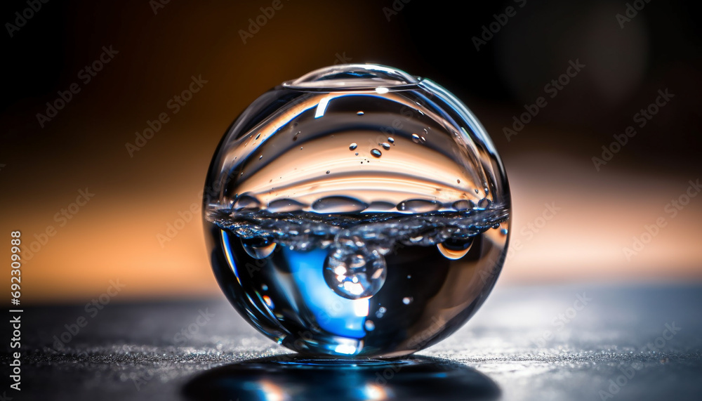 Transparent glass sphere reflects wet nature purity in still life generated by AI Transparent glass sphere reflects wet nature purity in still life generated by AI