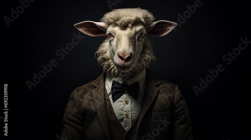 Elegant Sheep in Dark Studio Portrait. Generative AI.