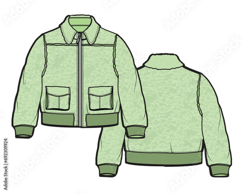 Suede jacket front and back view flat sketch vector illustration mockup template