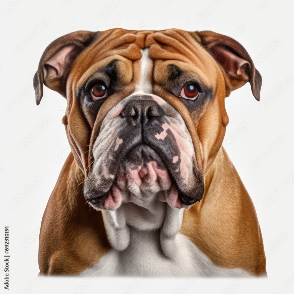 Close-up of a bulldog against a white background.