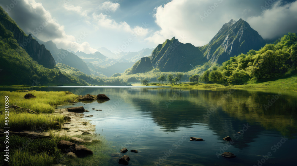 Tranquil lakefront showcasing mountains in the distance