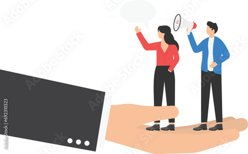 Giving opportunity to employee to share idea, opinion, suggestion, friendly and good listener boss concept. Giant hand supporting employees to speak out their opinions to develop business together.

