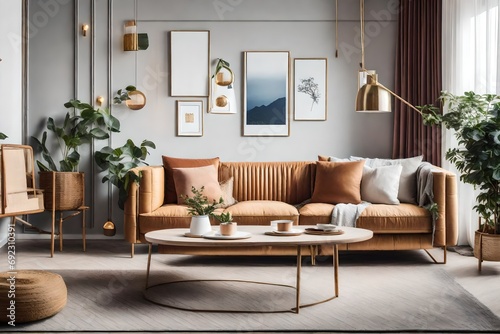 Interior living room with sofa and decorations. Scandinavian design.