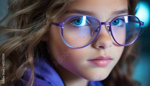 Cute girl with glasses smiling, looking at camera generated by AI