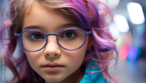 Cute girl with eyeglasses looking at camera generated by AI