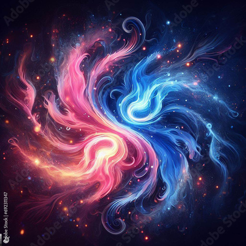 Orange and blue flame. Nebula. Twin flame logo. Esoteric concept of spiritual love. Illustration on black background for web sites and much more