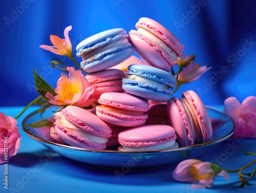 A bowl of macarons on a blue table with pink flowers. Generative AI.