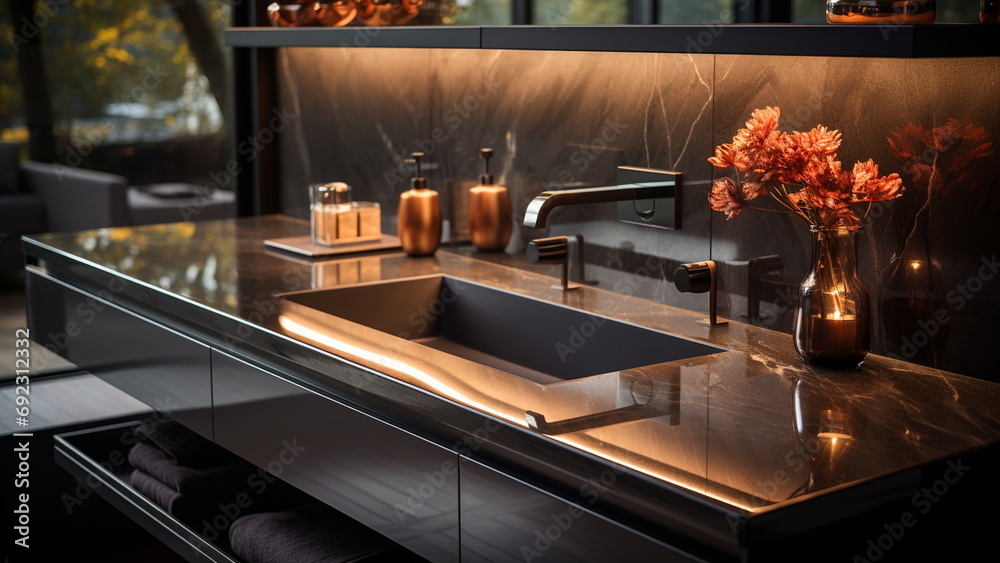 A sleek and modern sink adorned the bathroom A sleek and modern sink adorned the bathroom