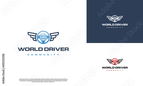 Driver world logo, steering combine with earth, good for driver community logo