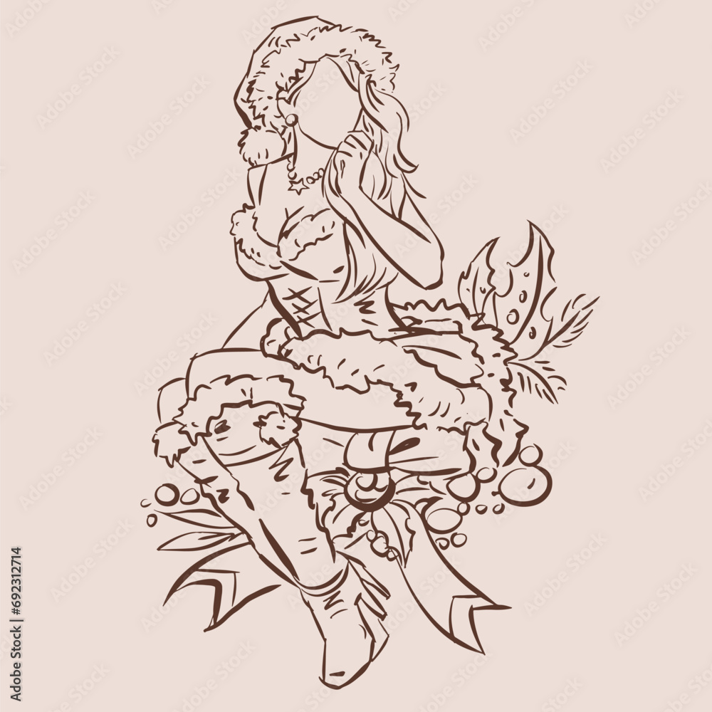 Santa girl with a bouquet of flowers vector for card decoration illustration