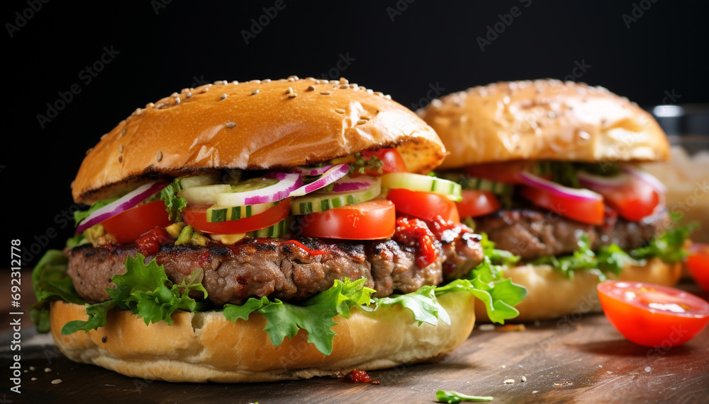 Grilled beef burger with melted cheddar on ciabatta generated by AI Grilled beef burger with melted cheddar on ciabatta generated by AI
