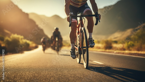 Close up group of cyclists with professional racing sports gear riding on an open road © chocoloki