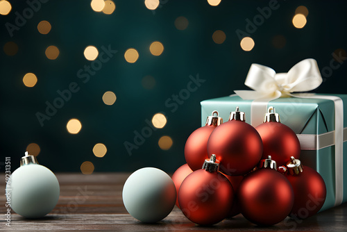 Gift box and christmas ornaments with blurred background. Generative AI 
