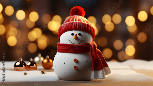 Snowman representing merry christmas with blurred lights in the background. Generative AI 