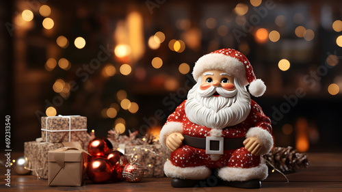 Santa Claus with gift boxes and background blurred lights. Generative AI 