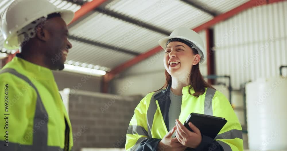 Teamwork, high five and construction worker people laughing in a warehouse for success. Diversity, smile and support with an engineering team together in a plant for the celebration of a target