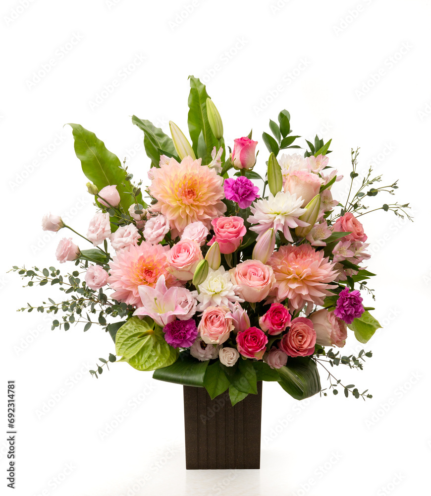 Obraz premium お祝いの生花、花束・白背景でキリヌキ簡単