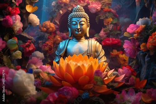 Buddha statue with lotus flower photo