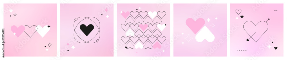 Set of Y2k Valentine's Day cards with outline hearts, stars graphics on pink gradient background. Futuristic love. Minimal romantic holiday designs. Vector illustration with geometric trendy shapes
