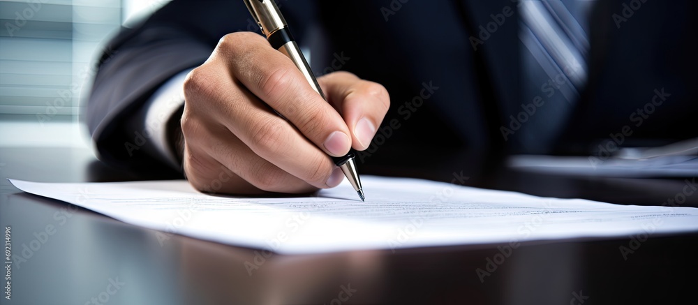 A businessman signing a contract at his desk with focus on the signature. A businessman signing a contract at his desk with focus on the signature.