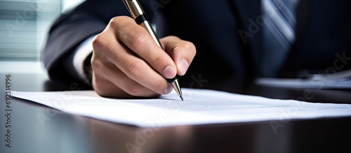 A businessman signing a contract at his desk with focus on the signature.