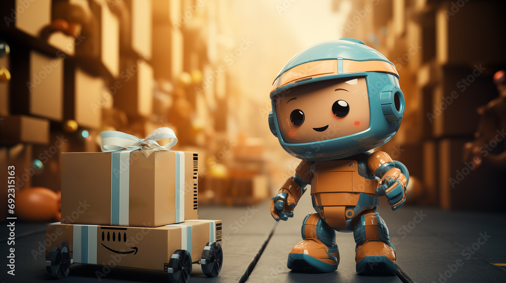Fototapeta premium A smiling robot is making a delivery behind a package. On the road in the community area 3D digital illustration