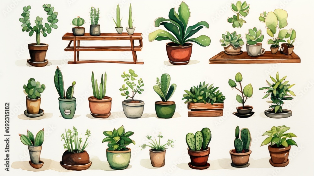 Some plants have watercolor illustrations in the background, in the style of artifacts of online culture, studyblr, emerald and brown, guatemalan art, petcore, miniaturecore, simple, colorful illustra