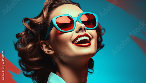 Smiling woman with sunglasses exudes beauty and elegance generated by AI