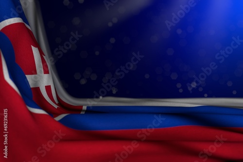 pretty dark photo of Slovakia flag lie diagonal on blue background with bokeh and empty space for your text - any celebration flag 3d illustration.. photo