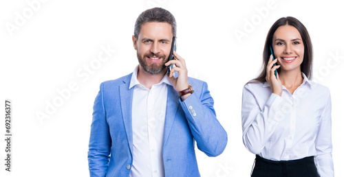 Businesspeople talking on phone isolated on white. Businesspeople using phone for conversation. Business communication in office. Business negotiation call. Phone call to boss