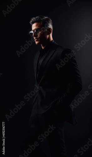 man in black suit in very confidence attitude in dark background wearing stylish glasses. 