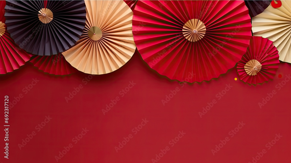 Red and gold paper fan garlands on a red background suitable for Chinese New Year decorations, festive event invitations, party posters, and holiday-themed designs.copy space for text
