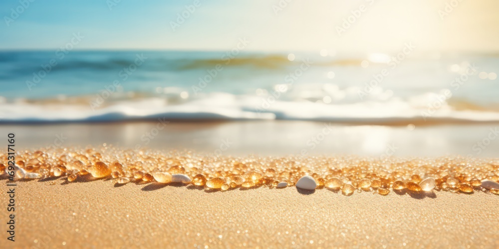 Golden sand meets the tranquil blue sea, creating a summery beach backdrop with sunlights shimmering and creating a defocused effect - obrazy, fototapety, plakaty 