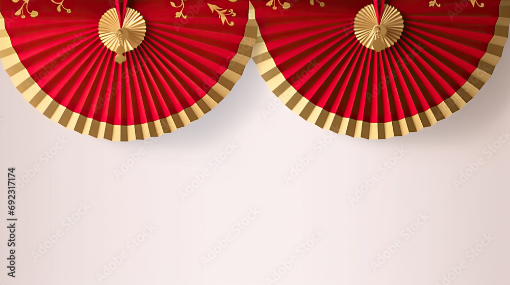 Red and gold paper fan garlands on a white background suitable for Chinese New Year decorations, festive event invitations, party posters, and holiday-themed designs.copy space for text