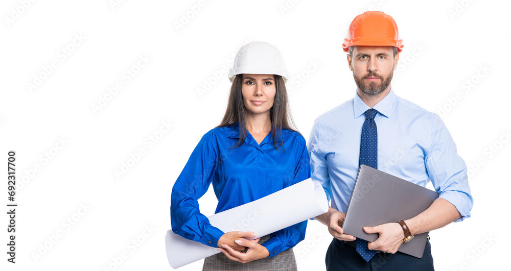 Safety business. Data protection. Supervisor engineer with blueprint. Plan construction project. Architect planning work. Chief engineer and architect in hardhat isolated on white. Banner Safety business. Data protection. Supervisor engineer with blueprint. Plan construction project. Architect planning work. Chief engineer and architect in hardhat isolated on white. Banner