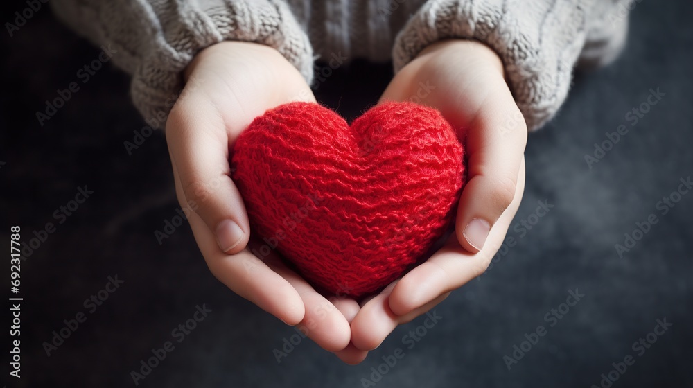Romantic symbol of love and care, Caucasian hands showing red knitted heart Romantic symbol of love and care, Caucasian hands showing red knitted heart