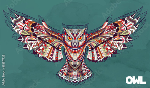 Owl. Wings spread out on both sides, vector illustration.