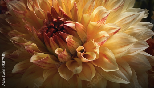 Vibrant multi colored dahlia petal in close up, showcasing nature beauty generated by AI