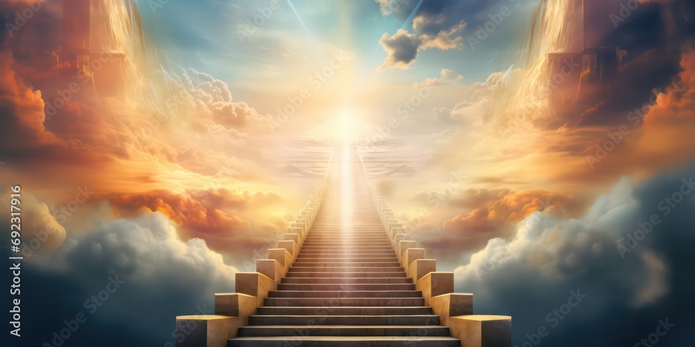 Behold a stairway leading up to the sky during sunrise, symbolizing the concept  the entrance to heaven - obrazy, fototapety, plakaty 