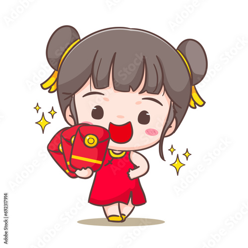 Cute girl celebrate Chinese new year cartoon vector illustration. Chinese year concept design. Adorable chibi hand drawn. Isolated white background. 