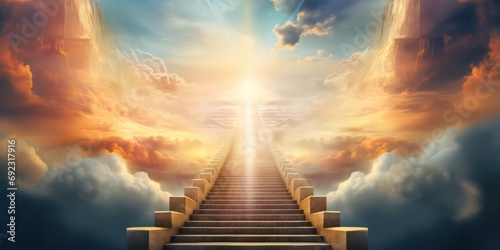 Behold a stairway leading up to the sky during sunrise, symbolizing the concept  the entrance to heaven photo