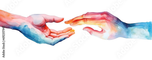 Vibrant Watercolor Art of Helping Hand and Painting of Hands United Concept. A Creative Illustration Symbolizing Unity, Support, Collaboration in Diverse, Human Connection, and Global Communities. photo