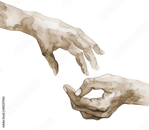 Watercolor Art of Helping Hand and Painting of Hands United Concept. A Creative Illustration Symbolizing Unity, Support, Collaboration in Diverse, Human Connection, and Global Communities.