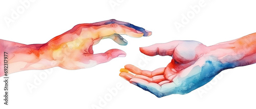 Vibrant Watercolor Art of Helping Hand and Painting of Hands United Concept. A Creative Illustration Symbolizing Unity, Support, Collaboration in Diverse, Human Connection, and Global Communities.