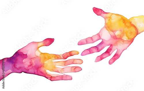 Vibrant Watercolor Art of Helping Hand and Painting of Hands United Concept. A Creative Illustration Symbolizing Unity, Support, Collaboration in Diverse, Human Connection, and Global Communities.