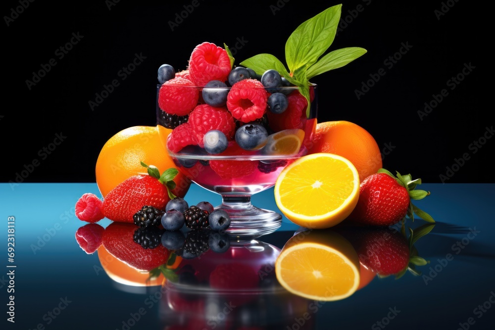 A bowl of fruit with a slice of orange and berries. Generative AI. A bowl of fruit with a slice of orange and berries. Generative AI.